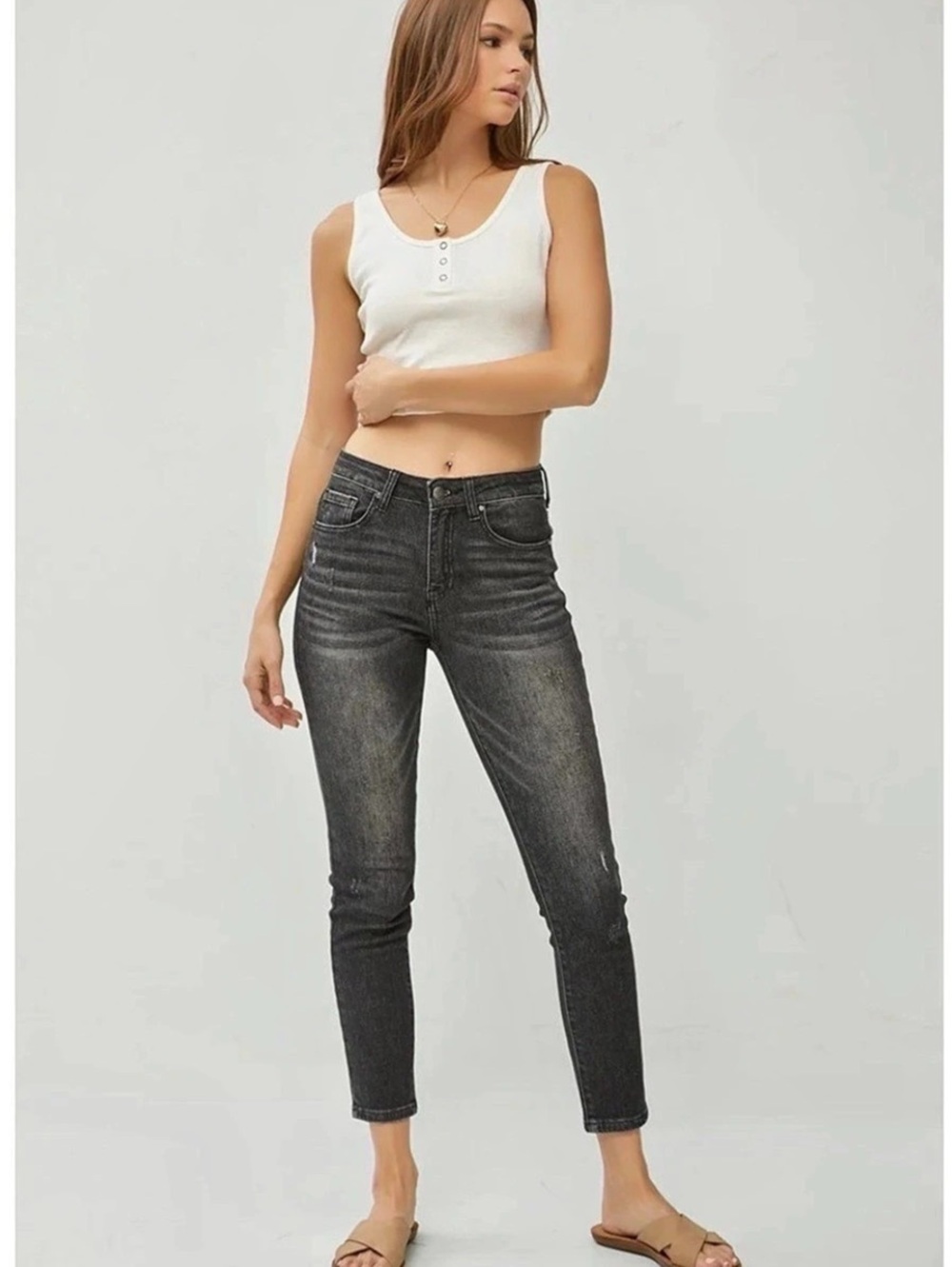 RISEN Black Washed Distressed Skinny Jeans Size 7/28 NWT 26” Inseam